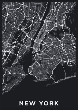 Dark New York City map. Road map of New York (United States). Black and white (dark) illustration of new york streets. Transport network of the Big Apple. Printable poster format (portrait).