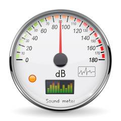 Volume unit meter. Sound audio equipment. Normal level. White glass gauge with chrome frame
