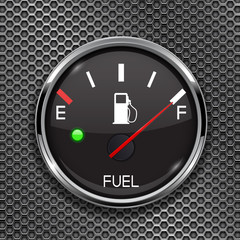 Fuel gauge. Full tank. Round black car dashboard 3d device on metal perforated background