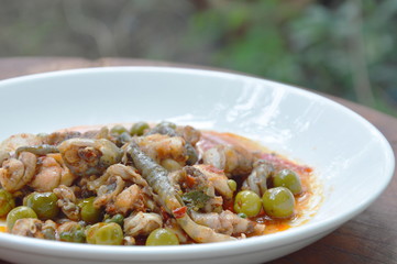 spicy stir fried frog meat and eggplant curry on plate