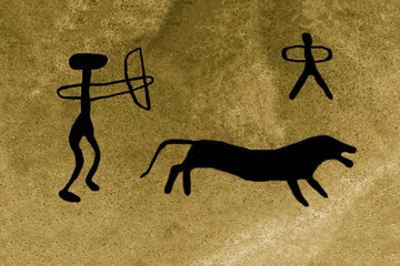 The image of hunters and an animal on the wall of the cave. historical art, ancient history,...