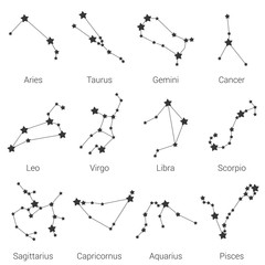 12 zodiac signs constellations isolated vector set. Aries Taurus Gemini Cancer Leo Virgo Libra Scorpio Sagittarius Aquarius Capricorn Pisces