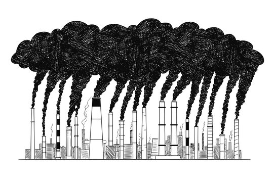 Vector artistic pen and ink drawing illustration of smoke coming from industry or factory smokestacks or chimneys into air. Environmental concept of air pollution.