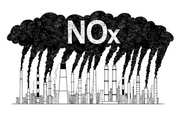 Vector artistic pen and ink drawing illustration of smoke coming from industry or factory smokestacks or chimneys into air. Environmental concept of nitrogen oxides or NOx air pollution. - obrazy, fototapety, plakaty