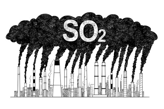 Vector artistic pen and ink drawing illustration of smoke coming from industry or factory smokestacks or chimneys into air. Environmental concept of sulfur dioxide or SO2 air pollution.