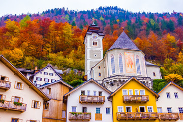 Main square with church of the Hallstatt town scene, Unsesco, Austria, Salzkammergut in Europe