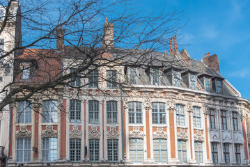 Lille, typical buildings in the center, beautiful town in the north of France 
