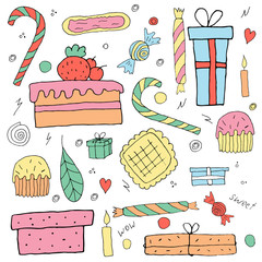 Set of holiday objects. Birthday things. Vector illustration, doodle style.