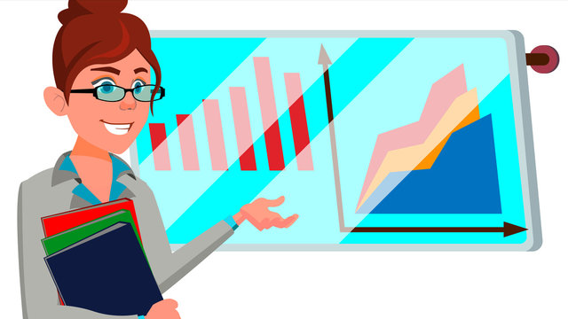 Broker Female Vector. Successful Stock-market Broker. Dynamics Of Financial Growth. Graphs, Indexes. Confident. Standing. Stock Exchange. Flat Cartoon Illustration