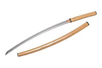 Japanese sword with shiny scabbard on white background . This kind of Japanese sword is called 'Shirasaya'