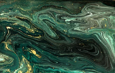 Papier Peint photo Lavable Marbre Fond acrylique abstrait en marbre vert. Texture d& 39 œuvres d& 39 art marbrées. Motif d& 39 ondulation en agate. Poudre d& 39 or.