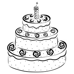 Big festive cake with a burning candle and flowers from cream