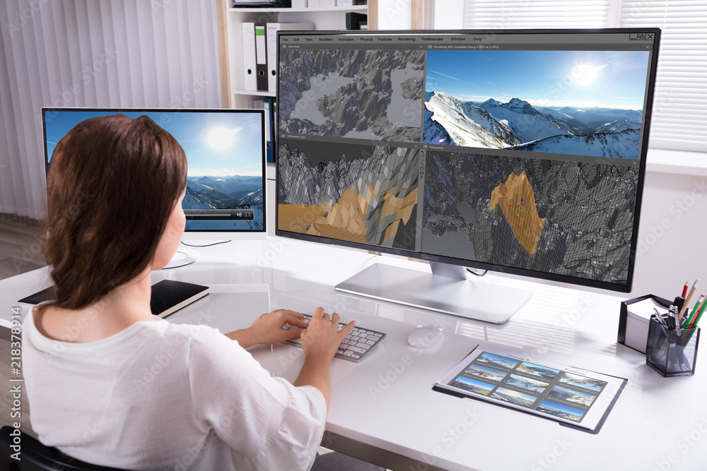 Poster woman rendering 3d landscape on computer