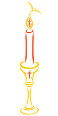 A burning candle in a tall candlestick with a cross and a bird flying out of a flame