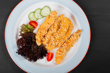 Fried salmon fillet with vegetables salad on black plate on dark background. Delicious dish of seafood