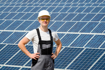 Solar panels engineer in white cask