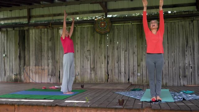 Two mature women stretching and moving into a back bend while doing morning yoga.