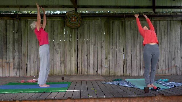 Two mature women doing a back bend yoga pose and stretching in a pavilion outside.