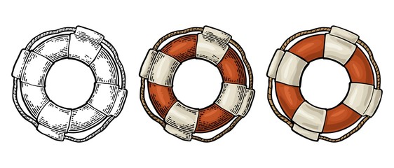 Lifebuoy with rope isolated on white background. Vector vintage engraving