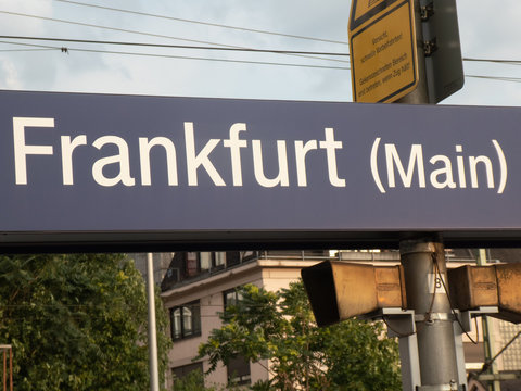 Frankfurt (Main) Süd railway station sign. Frankfurt South station or Südbahnhof is one of three railway stations for long-distance train services