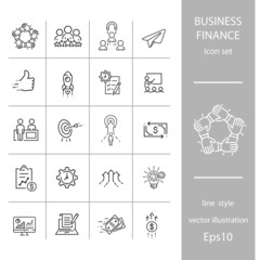 Business and finance, set of linear icons, vector. Contains such icons as taxes, business growth chart, handshake and more