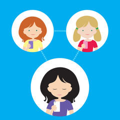 Three people - a woman and two girls are connected via a cellular phone or a cellular network. Isolated on blue background - flat design