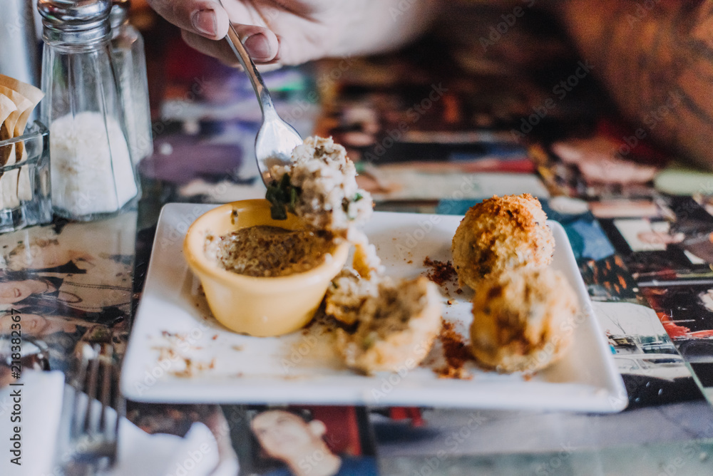 Wall mural Cajun appetizer, House made Boudin Balls served with creole mustard