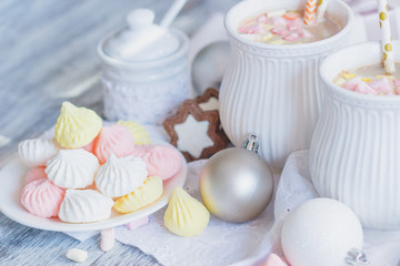 Marshmallow, cookies, meringues and different Christmas decorations
