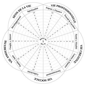 Roue de la Vie - Diagramme - Outils de Coaching - en Fran&ccedil;ais - Noir et Blanc
