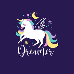 Hand drawn vector galaxy unicorns with text on dark blue background. Perfect for tee-shirt logo, postcard or nursery decor. 