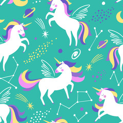 Hand drawn seamless vector pattern with cute unicorns, stars and planet. Repetitive wallpaper on turquoise background. Perfect for fabric, wallpaper, wrapping paper or nursery decor.