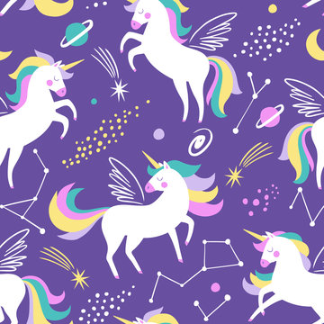 Hand drawn seamless vector pattern with cute unicorns, stars and planet. Repetitive wallpaper on purple background. Perfect for fabric, wallpaper, wrapping paper or nursery decor.