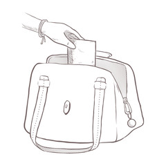 Hand drawn illustration  of female hand take card from her handbag