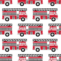 Hand drawn fire trucks seamless vector pattern on white background.