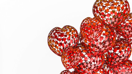 openwork three-dimensional model of hearts on a white background. 3D rendering