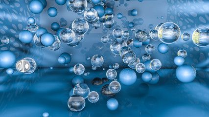 abstract blue background with three-dimensional spheres. 3D rendering