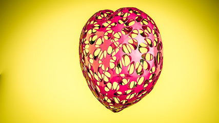 openwork three-dimensional model of the heart on a yellow background. 3D rendering
