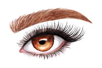 Woman eyes with long eyelashes. Hand drawn watercolor illustration. Eyelashes and eyebrows. Сoncept of eyelash extensions, microblading. Yellow eyes.