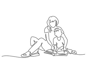 Continuous one line drawing. Family concept. Mother and son reading book. Vector illustration © Valenty