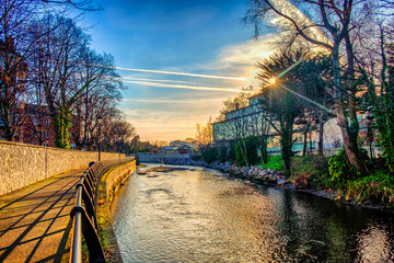 Dublin, Ireland, March 2018, view of the river Dodder at sunset
