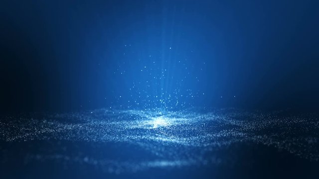 Seamless loop, loopable,blue background, digital signature with wave particles, sparkle, veil and space with depth of field. The particles are white light lines.