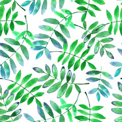 Watercolor pattern with bright green leaves.