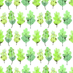 Pattern with watercolor green oak leaves.