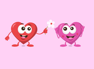 Illustration of cute loving couple of hearts with a flower. Flat design style isolated on light background.