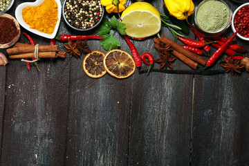 Spices and herbs on table. Food and cuisine ingredients.