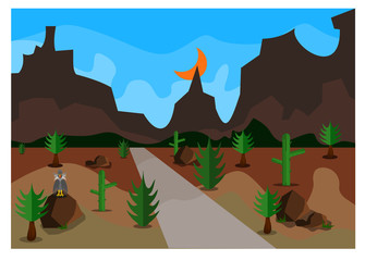 A vector of Western background and cactus vulture mountain