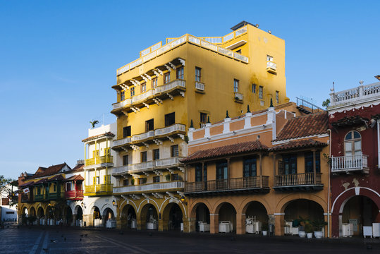 Cartagena de Indias/ Bolivar/ Colombia - July 20, 2018: Houses with arcades on the "Plaza de los coches"