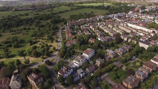Aerial view of Georgian town houses and streets in Clifton, Bristol, drone shot