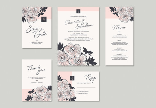 Wedding Invitation Set with Hand-Drawn Floral Elements