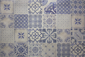 Blue and beige patchwork ceramic tile